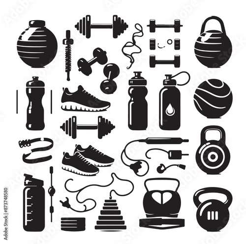 fitness icon set. workout or exercise equipment icons. Solid icons vector collection.