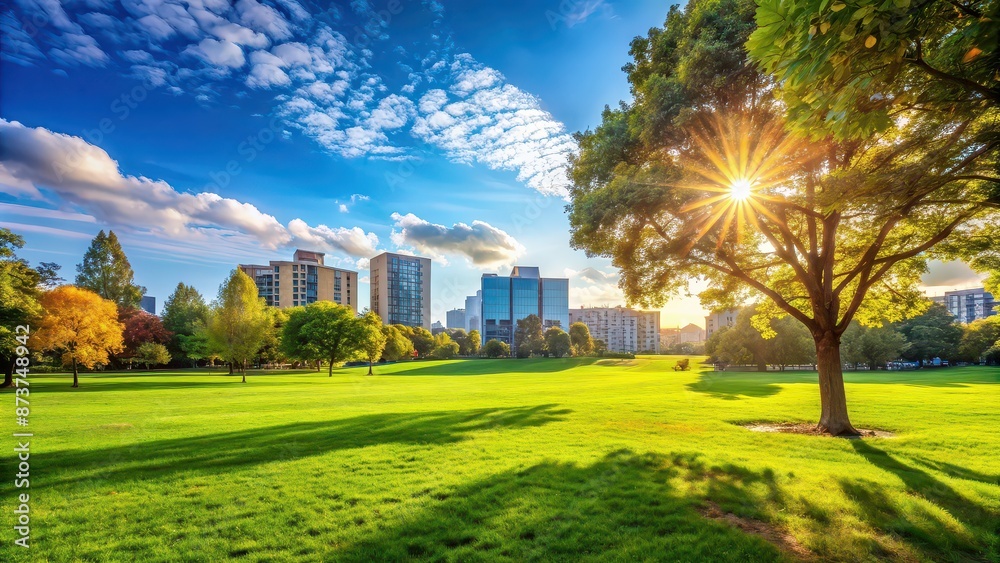 Sunny day on a grassy field with trees and buildings in the background, outdoors, nature, landscape, sunny, grassy Sunny day on a grassy field with trees and buildings in the background, outdoors, nature, landscape, sunny, grassy