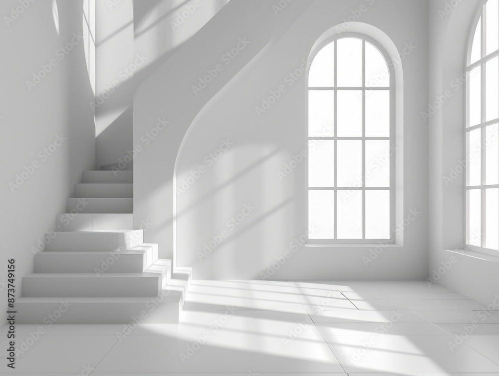 Fototapeta premium Modern Minimalist White Room with Staircase and Window