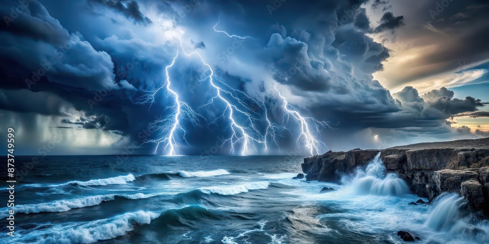 Fototapeta premium Powerful storm over vast ocean, dark waves crashing against cliffs, dramatic lightning, storm, ocean, waves, cliffs, lightning
