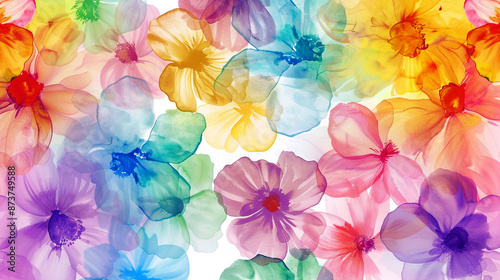 A watercolor floral pattern with various colors of flowers, including pink and purple blossoms, on an isolated white background. colorful flowers in watercolor isolated on white.