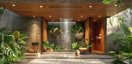 Modern Bathroom Interior Design With Waterfall Feature And Stone Walls