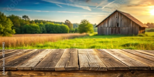 Empty rustic wooden table for product presentation with blurred corn field and old barn in background , rustic