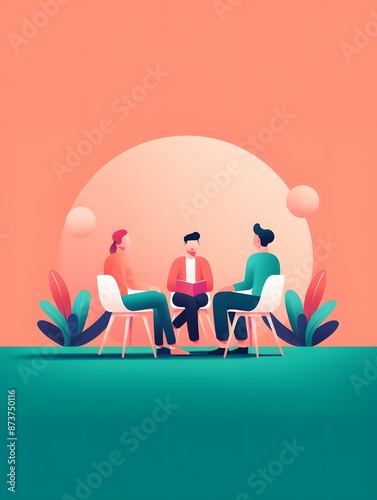 Three people sit in a circle, engaged in a conversation. The minimalist design emphasizes communication and connection.