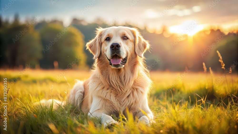 A fluffy golden retriever dog laying in a sunny field, dog, pet, loyal, furry, domestic, canine, animal, friendly, adorable, companion A fluffy golden retriever dog laying in a sunny field, dog, pet, loyal, furry, domestic, canine, animal, friendly, adorable, companion