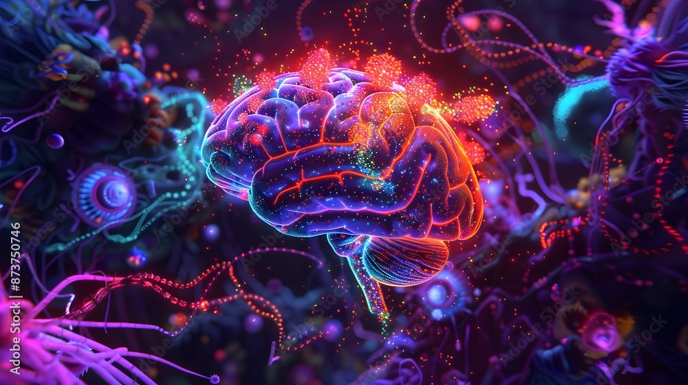 Neon brain structure, Concept art of a human brain exploding with knowledge and creativity. Neon brain structure, Concept art of a human brain exploding with knowledge and creativity.