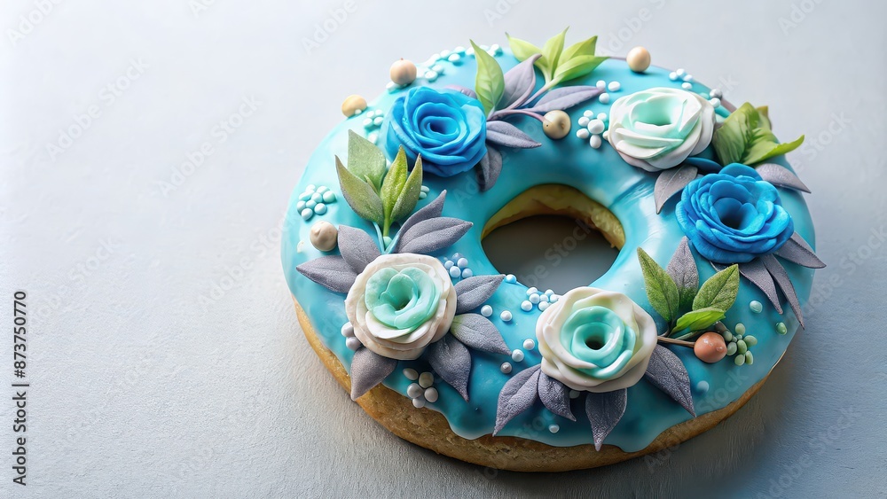 Blue and silver donut decorated with flowers and leaves, food, dessert, pastry, bakery, sweet, treat, colorful Blue and silver donut decorated with flowers and leaves, food, dessert, pastry, bakery, sweet, treat, colorful