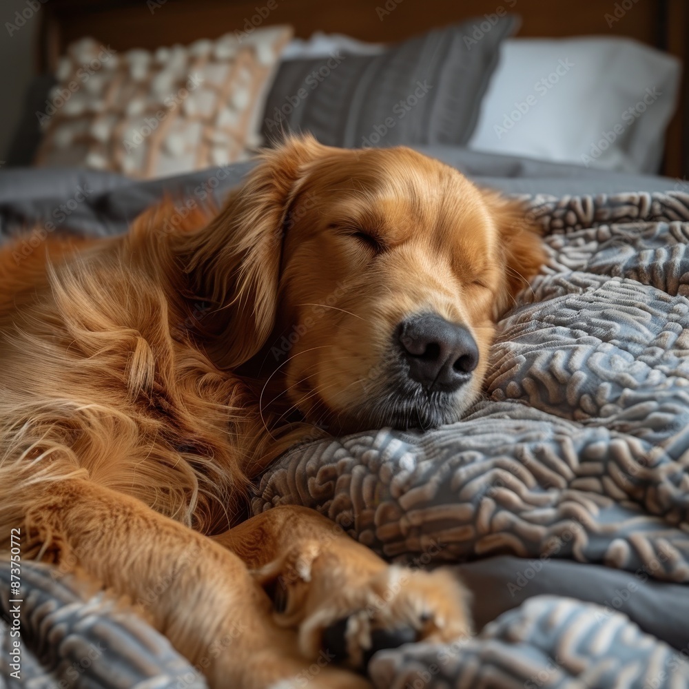 A dog is sleeping on a bed with a blanket A dog is sleeping on a bed with a blanket