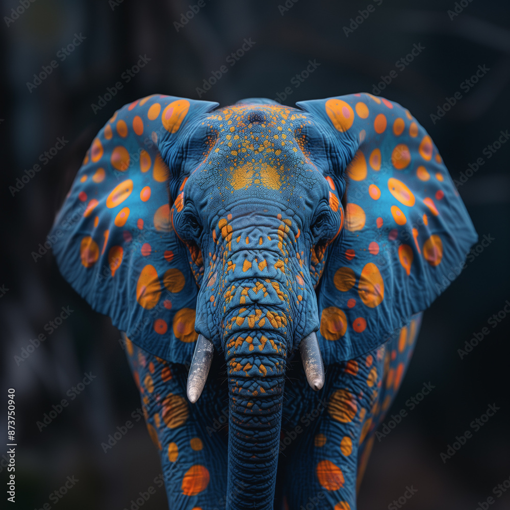 Obraz premium Blue Elephant with Orange Spots on Dark Background