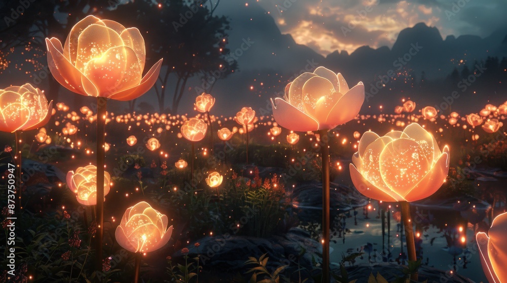 A field of glowing flowers with a peaceful, serene atmosphere A field of glowing flowers with a peaceful, serene atmosphere