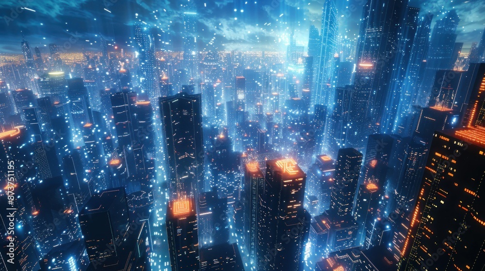 Fototapeta premium Witness the convergence of art and technology in a futuristic cityscape where holographic projections dance above skyscrapers. Neon lights flicker against a twilight sky, casting an iridescent glow