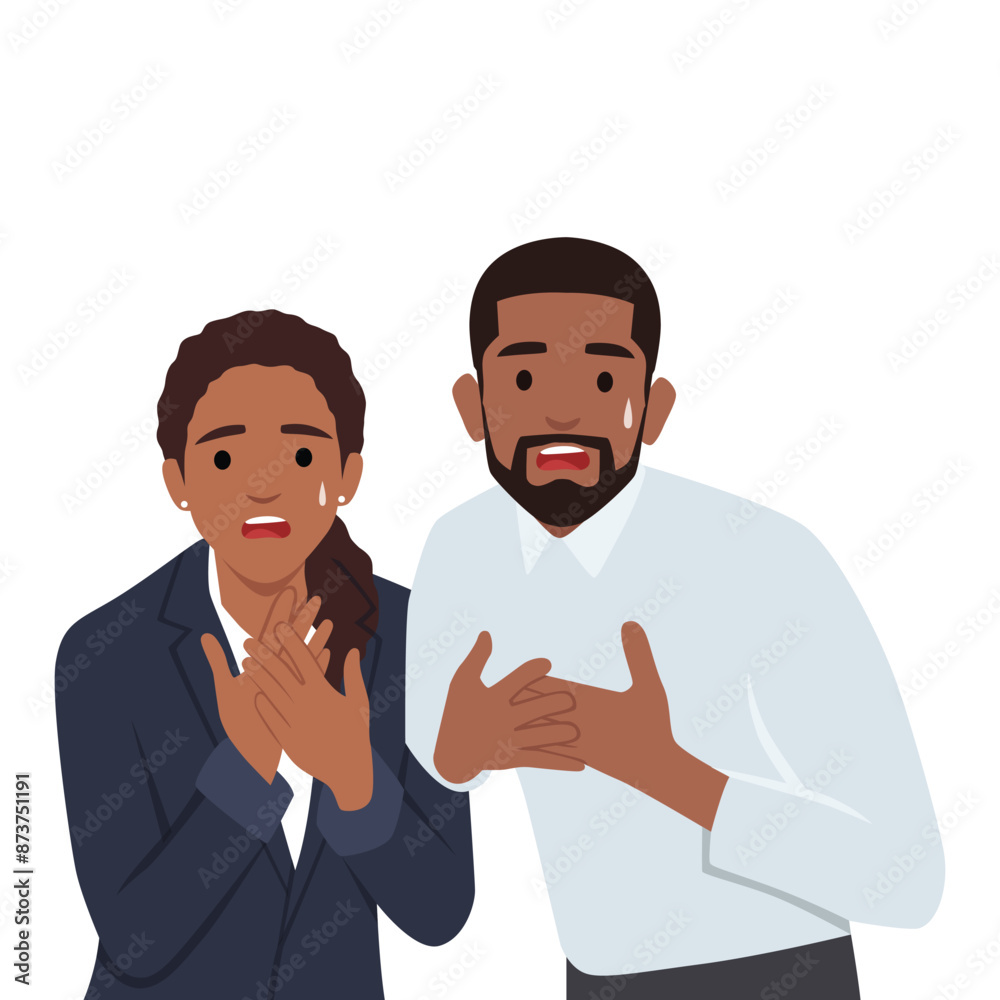 Shocked surprised amazed couple looking at camera with open mouth. Flat vector illustration isolated on white background Shocked surprised amazed couple looking at camera with open mouth. Flat vector illustration isolated on white background