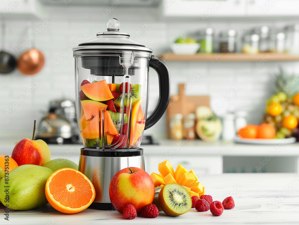 Mixer mit Frucht-Smuzzi und frischen Früchten auf weißem Holztisch über Küchenhintergrund Mixer mit Frucht-Smuzzi und frischen Früchten auf weißem Holztisch über Küchenhintergrund