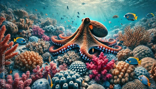 Fototapeta Naklejka Na Ścianę i Meble -  octopus in coral reef in the sea