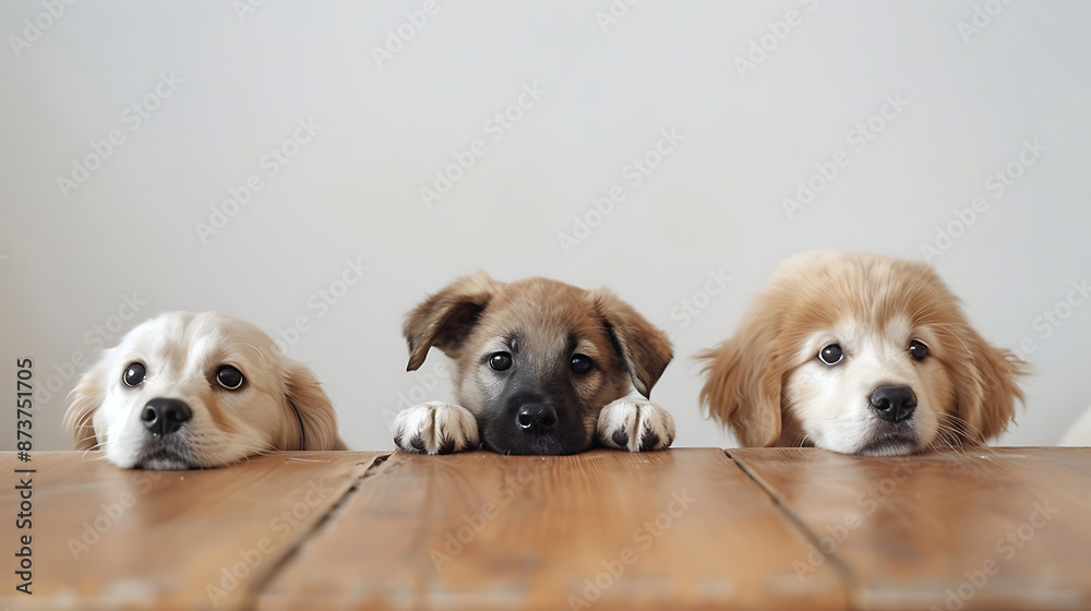 Golden retriever puppy peeking over the edge of an empty table isolated on a clear background. Generative AI illustration Golden retriever puppy peeking over the edge of an empty table isolated on a clear background. Generative AI illustration
