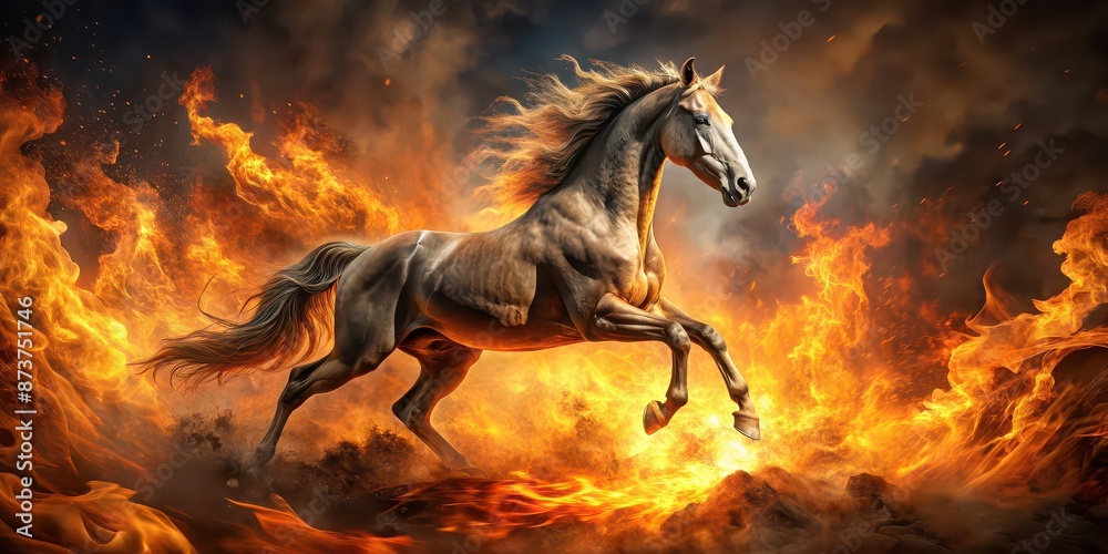 A powerful horse surrounded by raging flames , fiery, intense, strength, danger, wild, animal, equine, blazing, inferno, heat A powerful horse surrounded by raging flames , fiery, intense, strength, danger, wild, animal, equine, blazing, inferno, heat