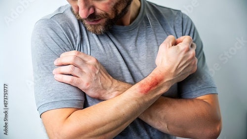 man itching and scratching on arm from itchy dry skin eczema dermatitis photo