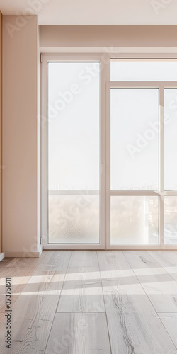 Empty property room in warm and neutral colors with a large window providing natural lighting and minimalist furniture. Real Estate conceptual composition with copy space. © JuanM