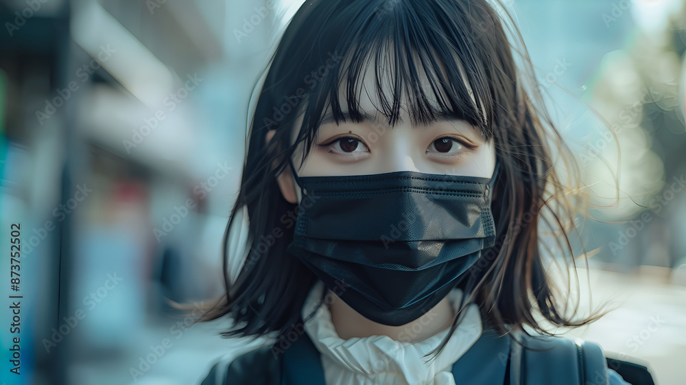 Image of a girl wearing a mask on the street to support an epidemic prevention event, life, lifestyle, girl, medical mask, face, hair, eyes, model, event, and AI-generated. Image of a girl wearing a mask on the street to support an epidemic prevention event, life, lifestyle, girl, medical mask, face, hair, eyes, model, event, and AI-generated.
