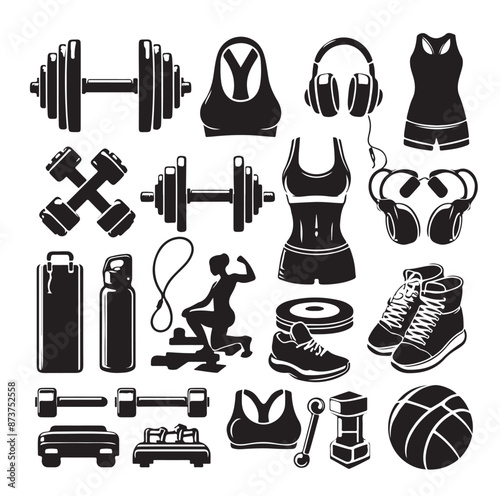 fitness icon set. workout or exercise equipment icons. Solid icons vector collection.