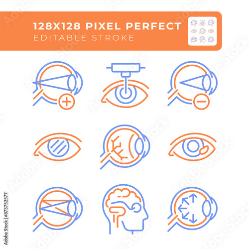 Eye anatomy two color line icons set. Laser eye surgery. Myopia. Eye with astigmatism. Retina and optic nerve bicolor outline iconset isolated. Duotone pictograms thin linear. Editable stroke