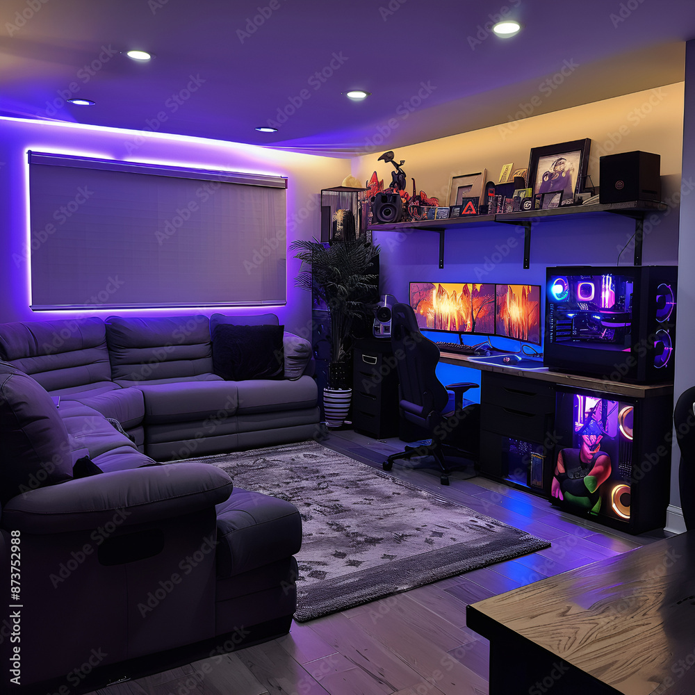Home gaming room design ideas for gamers, home, apartment, design, interior, room, gaming room, games, computer, monitor, speakers, gaming chair, sofa, lamp, technology, modern, AI-generated.
