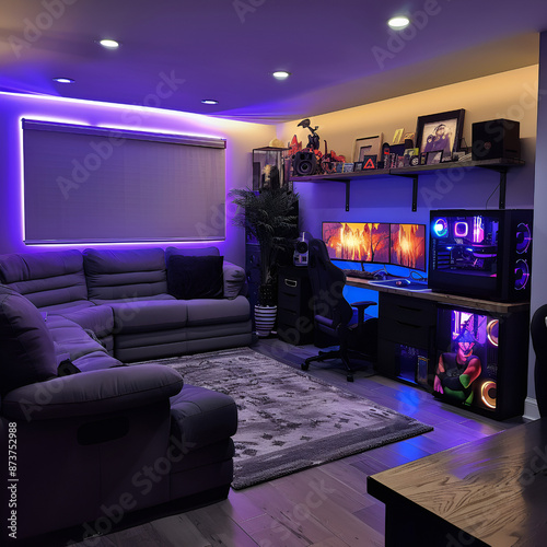 Home gaming room design ideas for gamers, home, apartment, design, interior, room, gaming room, games, computer, monitor, speakers, gaming chair, sofa, lamp, technology, modern, AI-generated.