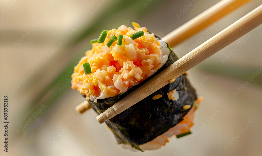 gunkan sushi held delicately by chopsticks. on a blurred bokeh background. gunkan sushi held delicately by chopsticks. on a blurred bokeh background.