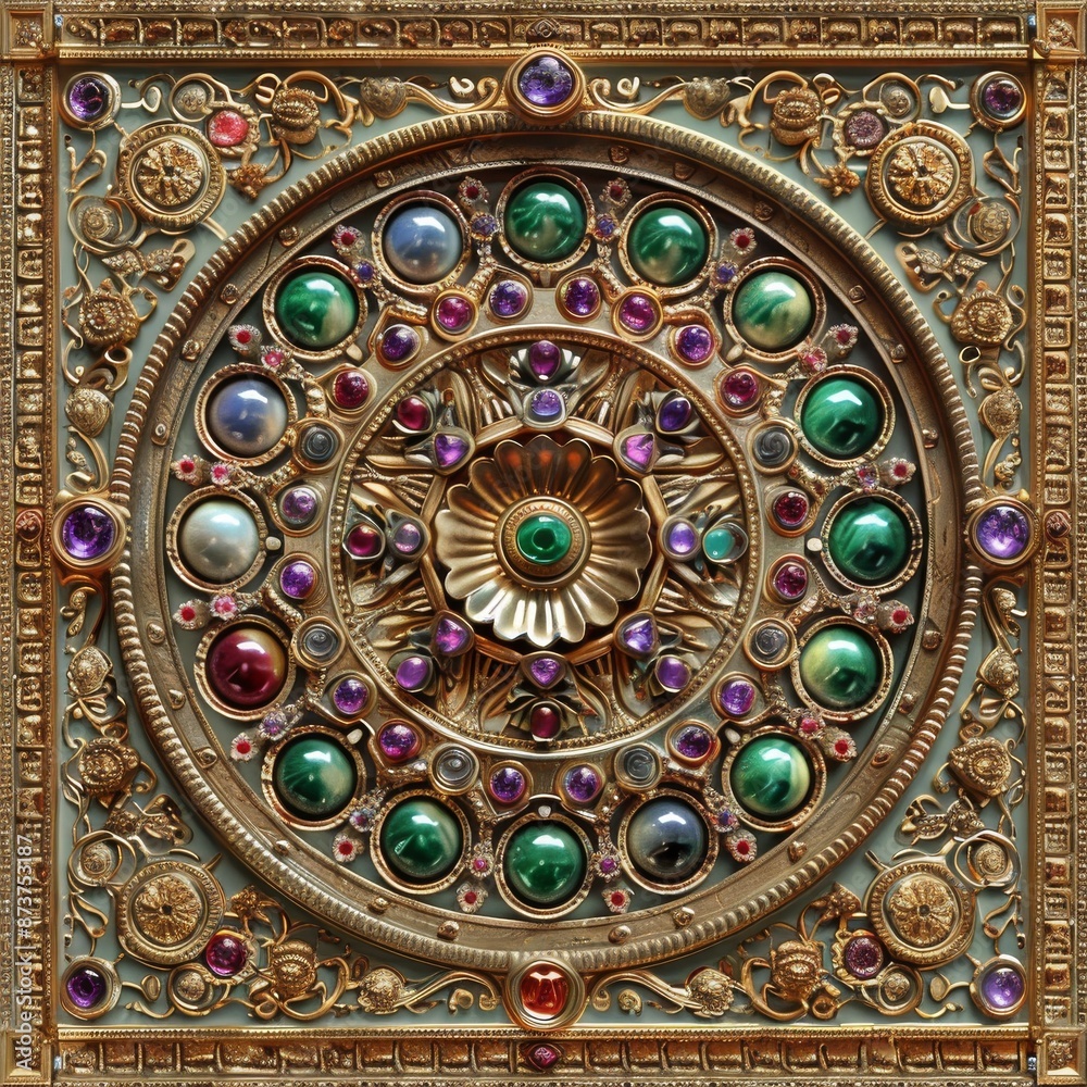 Fototapeta premium Baroque Classical Abstract Marble Framed Ceiling Art with Ornate Border. Luxury Lavish Decor Victorian Elements with Seamless Pattern Background Texture