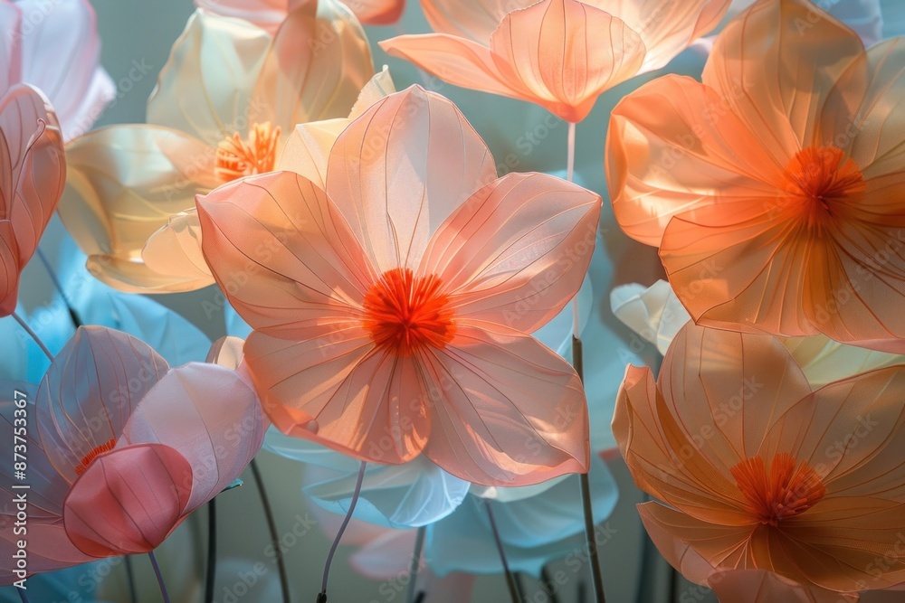 Wander through an abstract garden where oversized flowers bloom in surreal hues, their petals unfolding like delicate origami sculptures. Each blossom emits a soft, diffused light that enhances the Wander through an abstract garden where oversized flowers bloom in surreal hues, their petals unfolding like delicate origami sculptures. Each blossom emits a soft, diffused light that enhances the