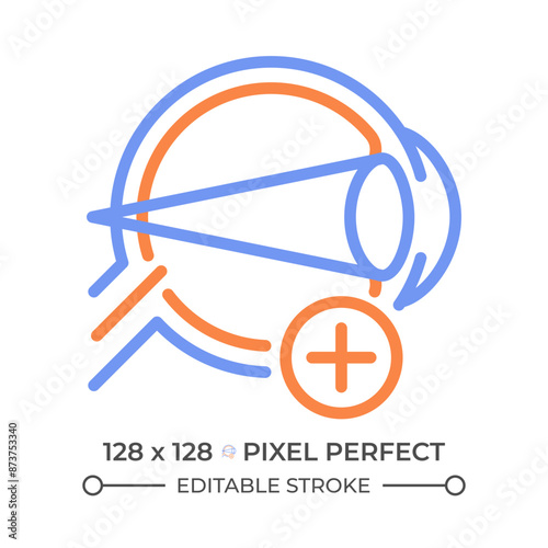 Hyperopia icon. Eye disease. Farsightedness medical condition. Seeing nearby objects. Reading difficulty bicolor outline symbol. Duotone linear pictogram. Isolated illustration. Editable stroke