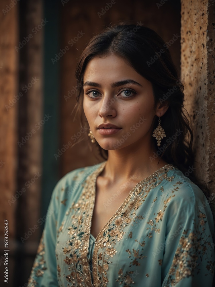 Portrait of a beautiful girl in a turquoise dress and earrings Portrait of a beautiful girl in a turquoise dress and earrings