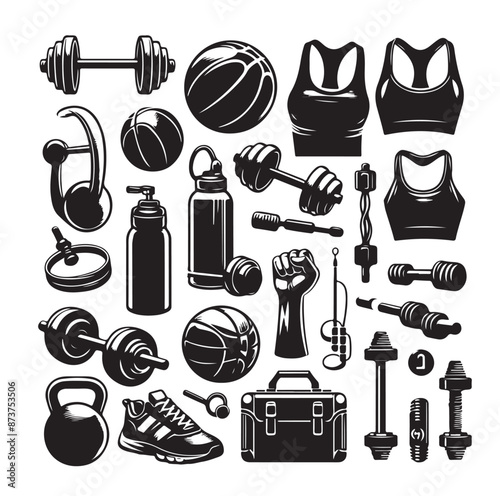 fitness icon set. workout or exercise equipment icons. Solid icons vector collection.