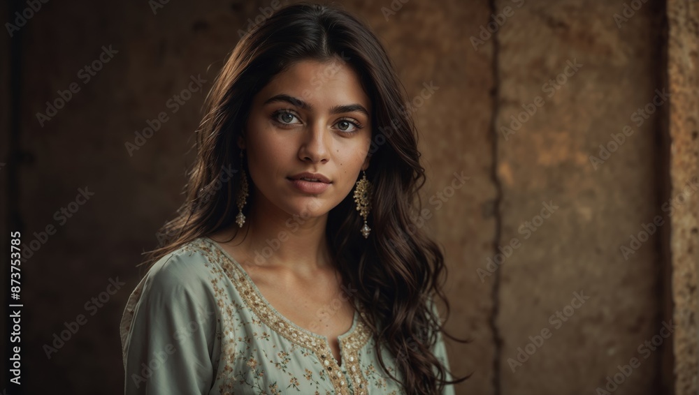 Portrait of a beautiful girl in a turquoise dress and earrings Portrait of a beautiful girl in a turquoise dress and earrings