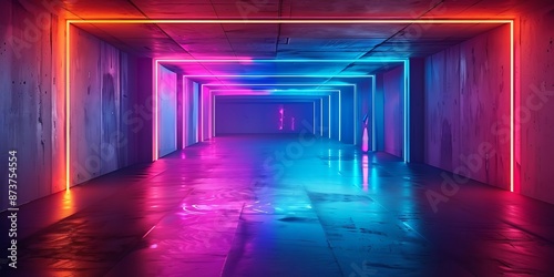 Empty concrete underground futuristic tunnel, neon light, garage.