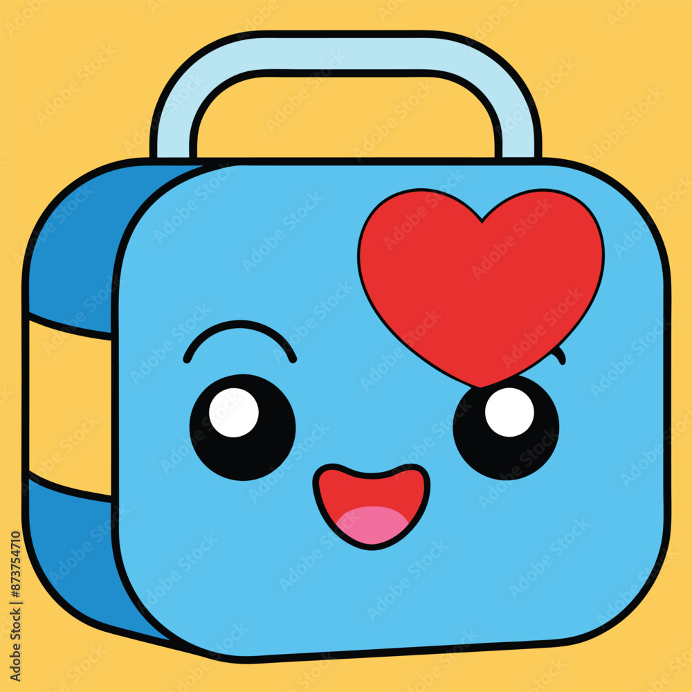 Blue Lunchbox With Red Heart Smiling, A blue lunchbox with a red heart sticker on it is smiling with big eyes. The lunchbox has a yellow stripe around it and a handle on top. Blue Lunchbox With Red Heart Smiling, A blue lunchbox with a red heart sticker on it is smiling with big eyes. The lunchbox has a yellow stripe around it and a handle on top.