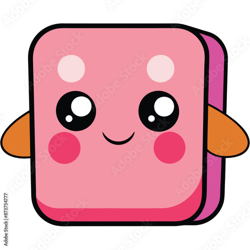 Pink Square Character With Big Eyes Smiling, A cartoon character shaped like a pink square with big eyes and a smile is shown. The character has small orange arms sticking out on either side.