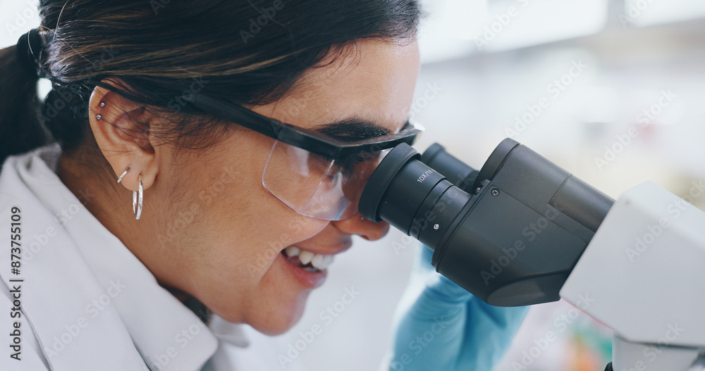 Medical, research and woman with microscope, biotech and check experiment for particles, dna and virus cure. Person, smile or scientist with lab equipment, testing or studying sample for breakthrough Medical, research and woman with microscope, biotech and check experiment for particles, dna and virus cure. Person, smile or scientist with lab equipment, testing or studying sample for breakthrough