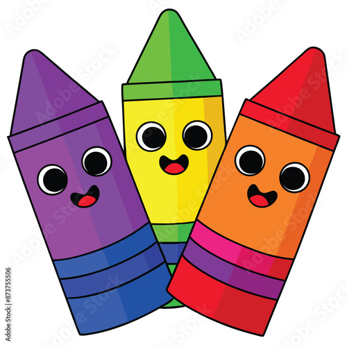 Three Colorful Crayons With Happy Faces In A Cartoon Illustration, Three crayons, purple, yellow, and orange, with green caps, are smiling happily with large, round eyes.