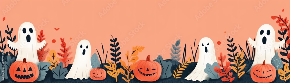 Autumn forest with ghosts and pumpkins, flat design illustration Autumn forest with ghosts and pumpkins, flat design illustration