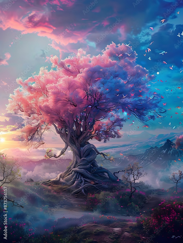 Fototapeta premium fantastic landscape with a fantasy tree of desires in pink-blue colors