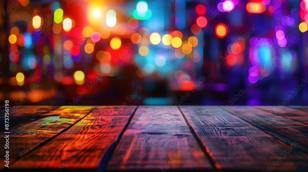 A wooden table with a blurry background of lights and a city. The lights are colorful and the mood of the image is lively and energetic A wooden table with a blurry background of lights and a city. The lights are colorful and the mood of the image is lively and energetic