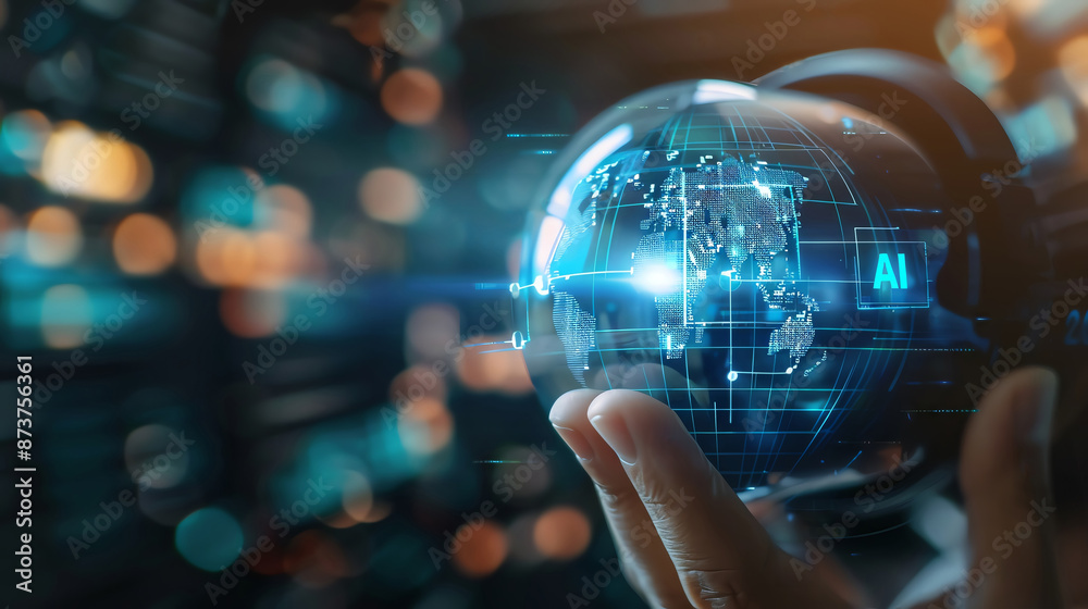 A hand holds a glowing glass globe, representing global connectivity and digital technology.
