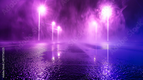 Wallpaper Mural An ultraviolet background depicting an empty, foggy street with wet asphalt, illuminated by searchlights, laser beams, and smoke, creating a mysterious and atmospheric scene. Torontodigital.ca