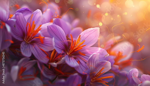 Vivid images of saffron flowers, nature, plants, flowers, saffron flowers, business, brilliant, colorful, petal, pistil, and AI-generated.