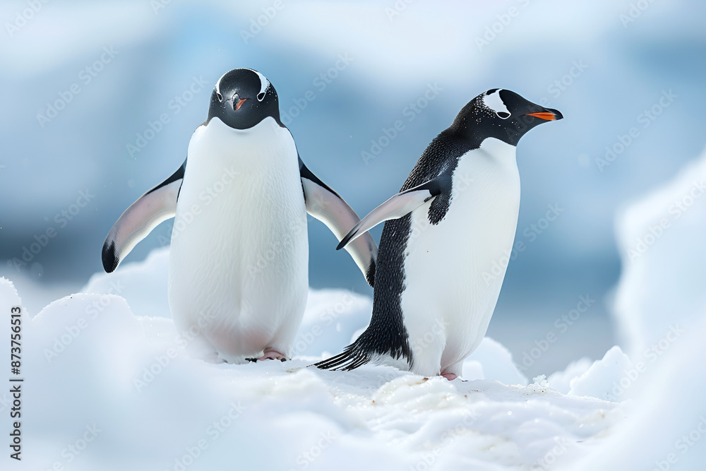 Obraz premium Penguins Roaming Snowy Terrain The penguins standing on a snowy surface near the water A cute penguin in the Antarctic snow Playful Penguins Sliding on Antarctic Ice in Pristine Winter Landscape 