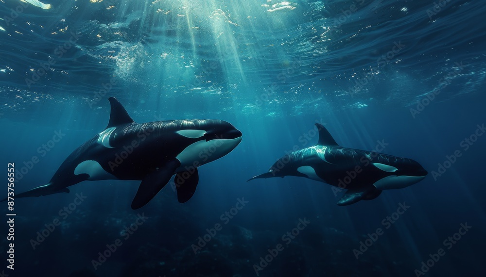 Obraz premium Orcas swimming in deep blue sea, majestic summer marine scene, travel