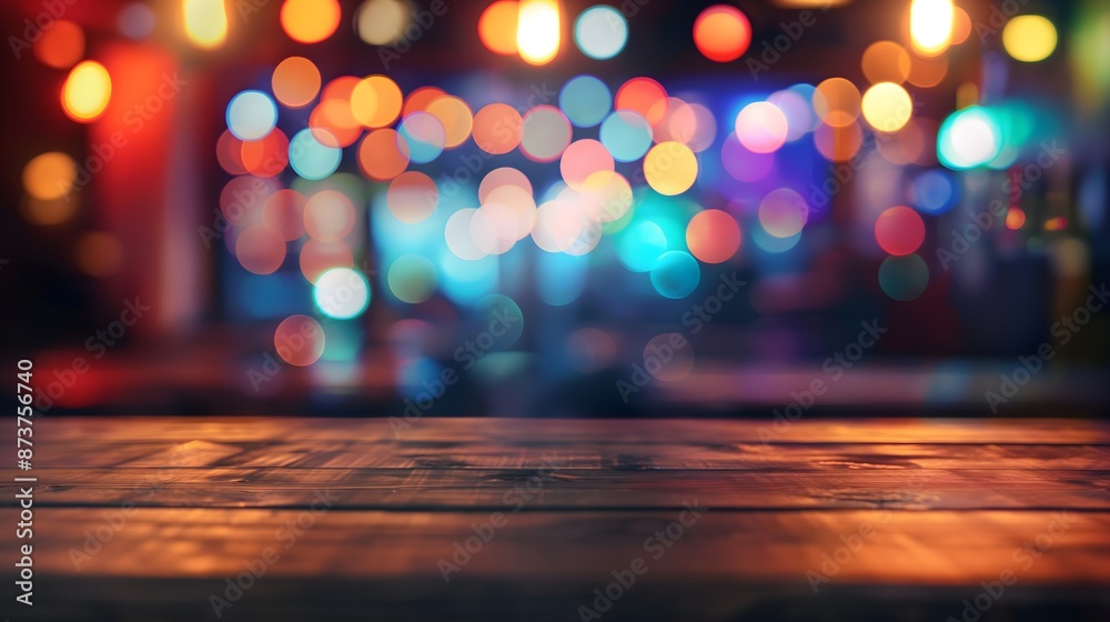 A blurry image of a bar with lights and a wooden table. Scene is lively and energetic, with the lights and the wooden table creating a warm and inviting atmosphere A blurry image of a bar with lights and a wooden table. Scene is lively and energetic, with the lights and the wooden table creating a warm and inviting atmosphere