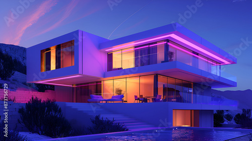 Abstract architectural template with neon lighting,Abstract 3d render, modern colorful space, background design,3d rendering of a modern interior with neon lights and bar counter
