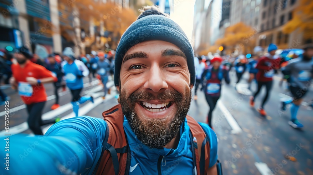 A smiling man takes a selfie while running in a crowded city marathon. A smiling man takes a selfie while running in a crowded city marathon.